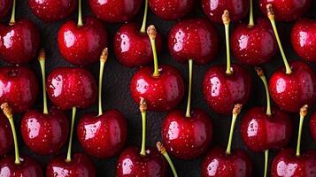 Top-down view of rows of red cherries with stems, filling the frame with a rich, vibrant color pattern photo