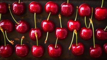 Top-down view of rows of red cherries with stems, filling the frame with a rich, vibrant color pattern photo