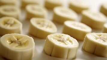 Closeup of arranged rows of banana slices, their creamy color creating a soft repeating texture photo
