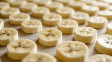Closeup of arranged rows of banana slices, their creamy color creating a soft repeating texture photo
