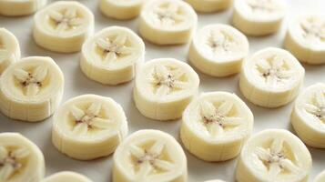 Closeup of arranged rows of banana slices, their creamy color creating a soft repeating texture photo
