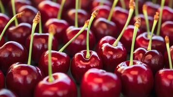 Top-down view of rows of red cherries with stems, filling the frame with a rich, vibrant color pattern photo