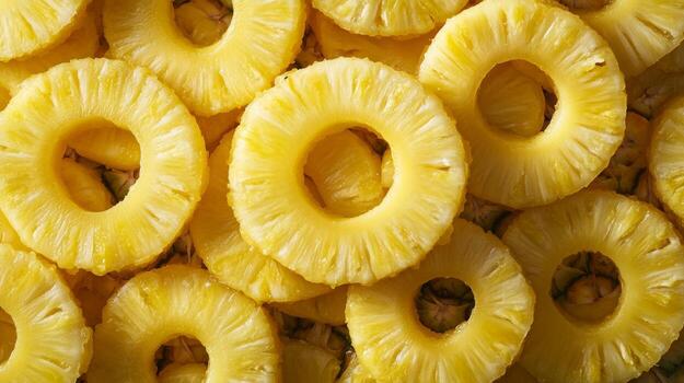 Closeup of neatly arranged pineapple rings, filling the frame with bright yellow and circular patterns photo