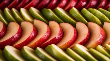 Closeup of rows of fresh apple slices, alternating between red and green for a striking pattern effect photo