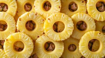Closeup of neatly arranged pineapple rings, filling the frame with bright yellow and circular patterns photo