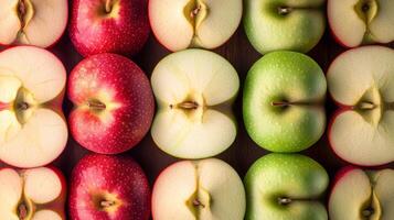 Closeup of rows of fresh apple slices, alternating between red and green for a striking pattern effect photo