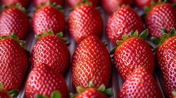 Closeup of rows of neatly arranged strawberries, their red color and seeds creating a repeating texture pattern photo