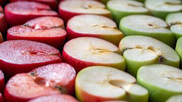 Closeup of rows of fresh apple slices, alternating between red and green for a striking pattern effect photo
