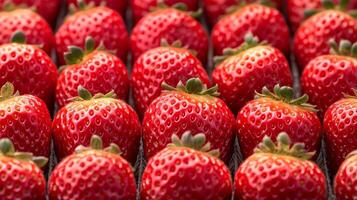 Closeup of rows of neatly arranged strawberries, their red color and seeds creating a repeating texture pattern photo