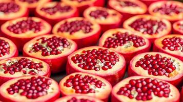 Neatly aligned rows of halved pomegranates, each showing the vibrant red seeds filling the frame in a pattern photo
