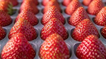 Closeup of rows of neatly arranged strawberries, their red color and seeds creating a repeating texture pattern photo