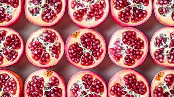 Neatly aligned rows of halved pomegranates, each showing the vibrant red seeds filling the frame in a pattern photo