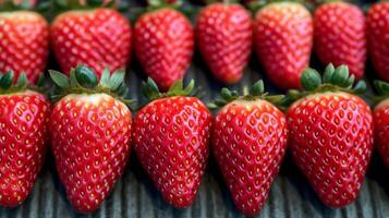 Closeup of rows of neatly arranged strawberries, their red color and seeds creating a repeating texture pattern photo