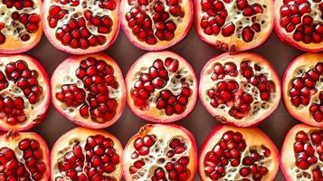Neatly aligned rows of halved pomegranates, each showing the vibrant red seeds filling the frame in a pattern photo