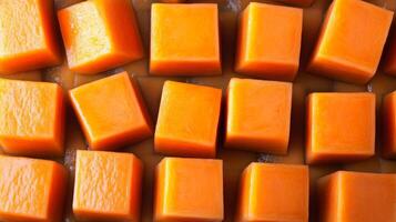 Perfectly aligned rows of papaya cubes, filling the frame with bright orange and geometric patterns photo