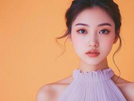 Close-up of a young Asian woman in a pale lavender dress, her expression calm, against a pastel orange background with copy space photo