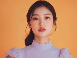 Close-up of a young Asian woman in a pale lavender dress, her expression calm, against a pastel orange background with copy space photo