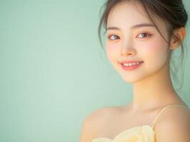 Close-up of a young Asian woman wearing a light pastel yellow dress, smiling softly, with a smooth pastel green background and copy space photo