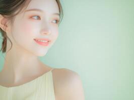 Close-up of a young Asian woman wearing a light pastel yellow dress, smiling softly, with a smooth pastel green background and copy space photo
