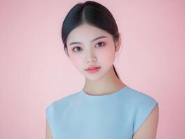 Portrait of a young Asian woman wearing a soft pastel blue dress, her expression serene against a matching pastel pink background, leaving ample copy space photo