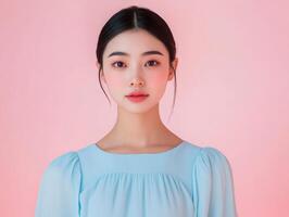 Portrait of a young Asian woman wearing a soft pastel blue dress, her expression serene against a matching pastel pink background, leaving ample copy space photo