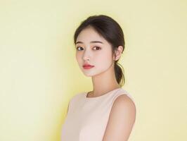 Serene portrait of a young Asian woman in a light pink dress, standing against a pastel yellow background, providing plenty of copy space photo