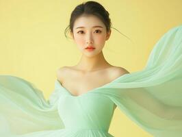 Young Asian woman in a flowing mint green dress, set against a pastel yellow background, her eyes focused forward, with lots of copy space photo