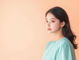 Young Asian woman in a light teal dress, gazing thoughtfully, against a pastel peach background, with extra copy space for design photo