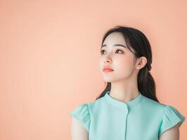 Young Asian woman in a light teal dress, gazing thoughtfully, against a pastel peach background, with extra copy space for design photo