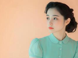 Young Asian woman in a light teal dress, gazing thoughtfully, against a pastel peach background, with extra copy space for design photo