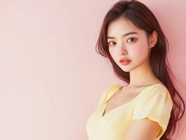 Young Asian woman wearing a pastel yellow dress, posing confidently against a soft pink background with generous copy space photo