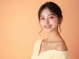 A young Asian woman wearing a pale yellow dress, posing with a soft smile against a pastel orange background, offering wide copy space photo