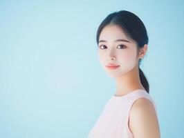 Beauty shot of a young Asian woman in a light pink dress, standing against a soft pastel blue background, offering wide space for copy photo