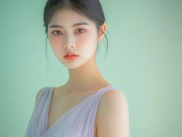Beauty shot of a young Asian woman wearing a pastel lavender dress, posing against a soft pastel green background with ample copy space photo
