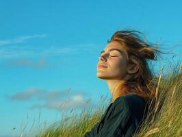 Woman on the edge of a grassy hill, eyes closed, enjoying the calmness of the open space, with wide copy space provided by the blue sky photo