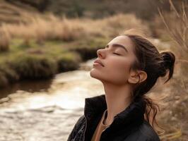 Woman outdoors, standing by a stream with her eyes closed, head tilted back, breathing deeply, with space for copy in the peaceful landscape photo