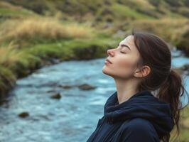 Woman outdoors, standing by a stream with her eyes closed, head tilted back, breathing deeply, with space for copy in the peaceful landscape photo