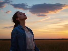 Woman standing in the countryside at sunset, eyes closed, arms open, breathing in the cool evening air, with ample sky and horizon for copy space photo