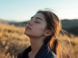 Young woman with her eyes closed, breathing in the fresh mountain air, standing at the edge of a field, with room for copy space in the background photo