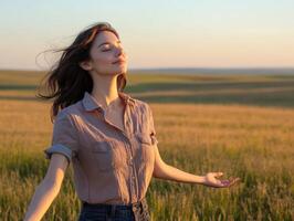 A serene woman standing in an open field, eyes closed, arms lightly raised, enjoying the fresh breeze, with copy space in the natural landscape photo