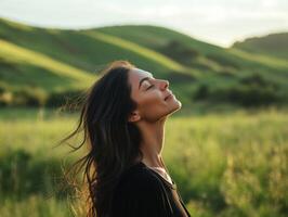 A peaceful woman standing in a meadow, head tilted back, eyes shut, enjoying the calm breeze, with soft green hills in the background and copy space photo