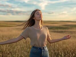 A serene woman standing in an open field, eyes closed, arms lightly raised, enjoying the fresh breeze, with copy space in the natural landscape photo
