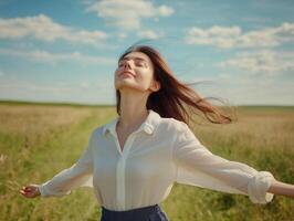 A serene woman standing in an open field, eyes closed, arms lightly raised, enjoying the fresh breeze, with copy space in the natural landscape photo