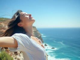 A woman enjoying the fresh breeze on a cliffside overlooking the ocean, eyes closed, arms wide open, with clear sky and ocean view for copy space photo