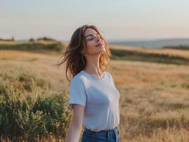 A serene woman standing in an open field, eyes closed, arms lightly raised, enjoying the fresh breeze, with copy space in the natural landscape photo
