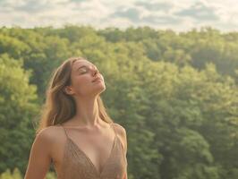 A woman in a sundress standing in the countryside, eyes closed, arms slightly raised, breathing deeply in front of a forest, with space for copy photo
