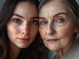 Close-up of two women, one in her twenties and one in her fifties, looking into the camera with warm expressions, contrasting their ages beautifully photo