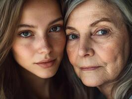 Close-up of two women, one in her twenties and one in her fifties, looking into the camera with warm expressions, contrasting their ages beautifully photo