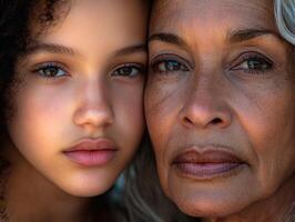 Close-up of two women, one young and the other more mature, their contrasting skin tones and ages highlighted by natural light photo