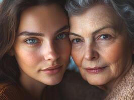 Close-up of two women, one in her twenties and one in her fifties, looking into the camera with warm expressions, contrasting their ages beautifully photo